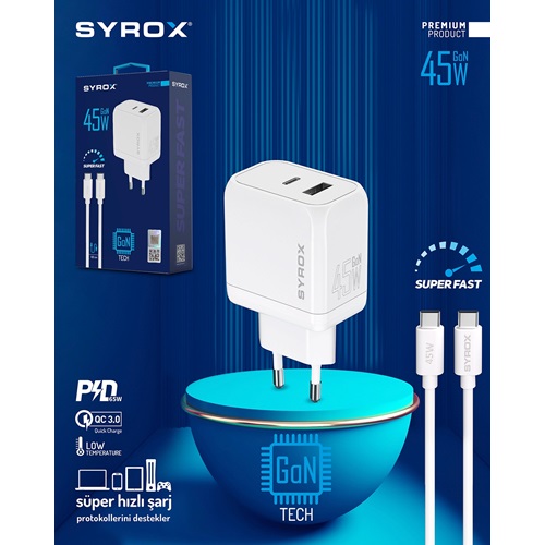 Syrox Type-C & Usb Giriş Başlık & Type-C Kablo 45W Quick Şarj