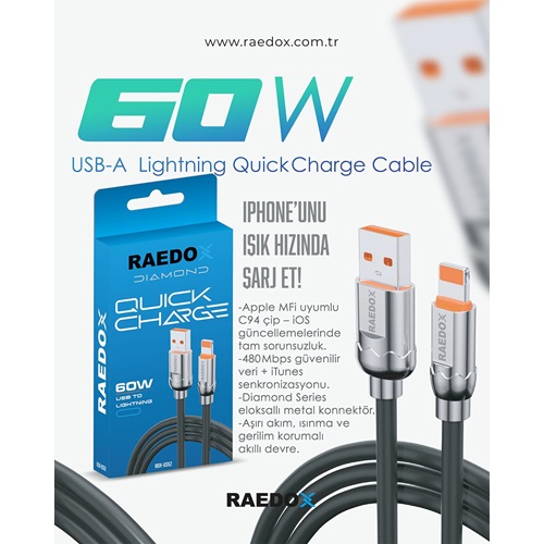 Raedox 60W Usb To Lıghtning Quıck Charge